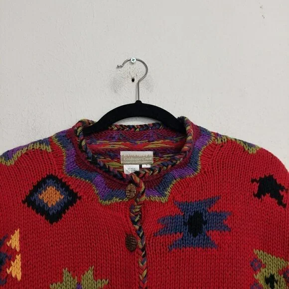 Coldwater Creek Red Southwest Aztec  Geometric Button Down Sweater Jacket Size L - Picture 2 of 9